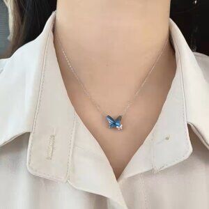 Lucky Butterfly Necklace Blue Zircon Stone and Pave Set AAA Cubic Zirconias